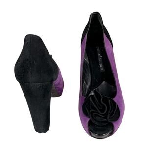 KATE BY FERRARI Black & Purple Suede Color Block Peep Toe Block Heel Pumps 8/8.5